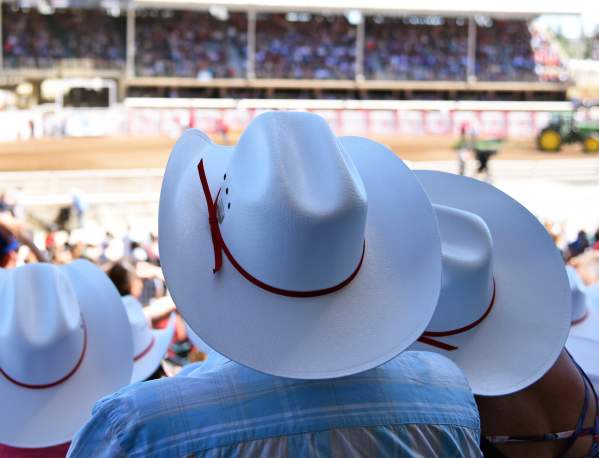 An audience wearing cowboy hats at the rodeo in Norco, CA