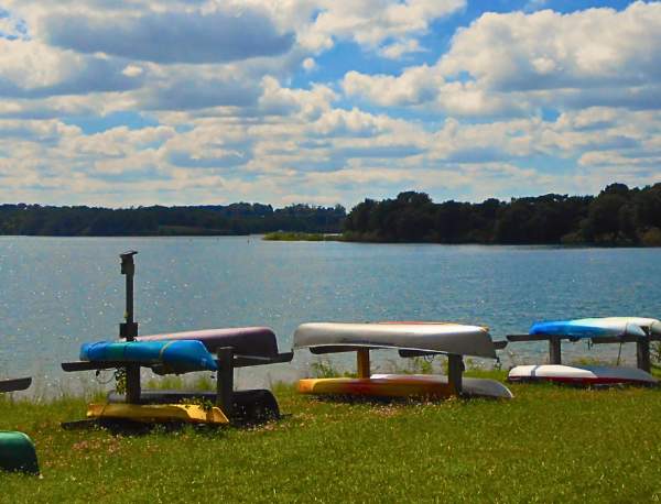 kayaks and canoes lined up at codorus state park