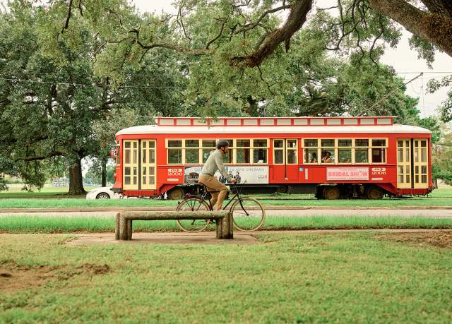 Canal Street Streetcar Passing A Biker in City Park