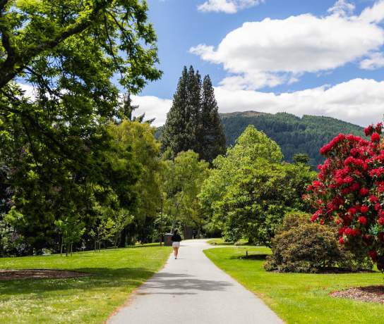 Queenstown Gardens Walk in summer with beautiful green and red trees and flowers