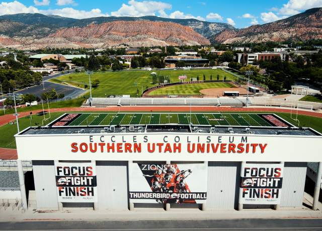 Aerial view of the Southern Utah University Football Stadium in downtown Cedar City.