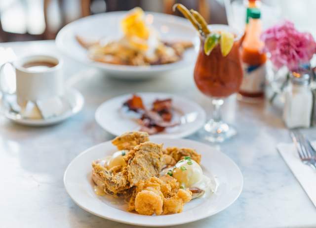Bananas Foster French Toast and Breakfast Seafood Platter - Brunch at Stanley
