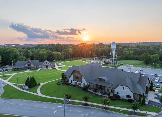 An aerial shot of the picturesque sunset behind Alabaster Senior Center, City Hall, and Amphitheater.