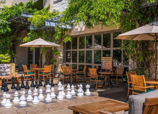 Hotel patio with enlarged chess game