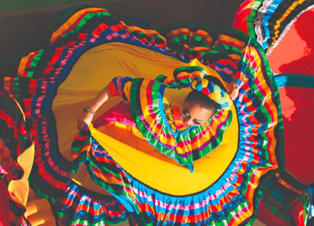 Overhead view of Folklorico dancers in brightly colored dresses