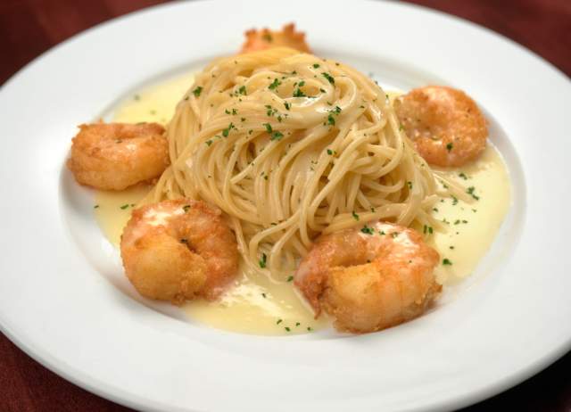 Plate of pasta with shrimp