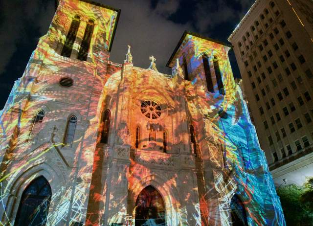 Light show projected onto San Fernando Cathedral