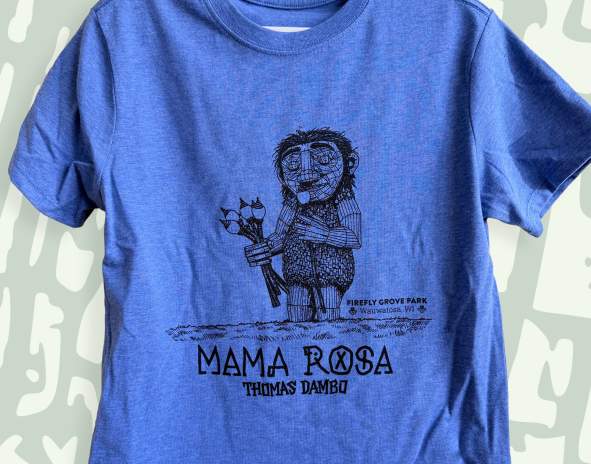 Blue t-shirt with Mama Rosa graphic on it