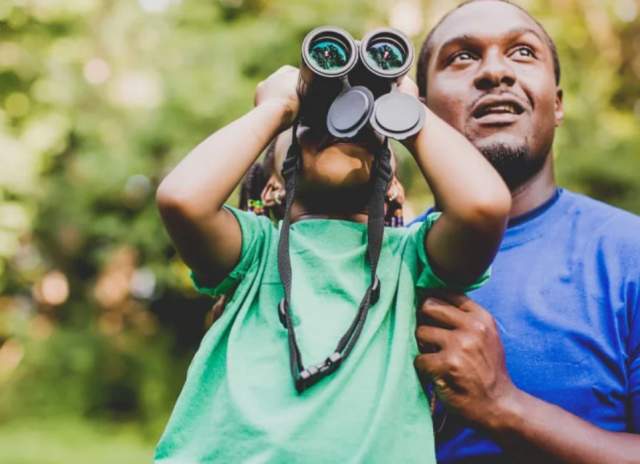 Dad and son birdwatching