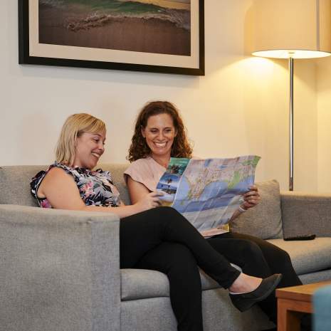 Looking at map in room at Quest Rockingham