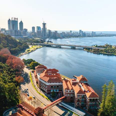 Aerial view of the Old Swan Brewery and Swan River, Perth City