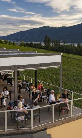 Aerial view of The Lookout Restaurant patio at the Gray Monk Winery in Lake Country, BC