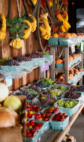 Baskets of fresh local grapes, tomatoes and peaches displayed at Gatzke Orchard in Lake Country.