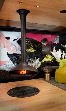 QT Queenstown Lobby, firepit and seating area
