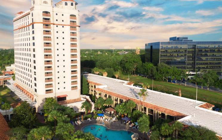 DoubleTree by Hilton Orlando at SeaWorld exterior view of Tower and Lagoon pool