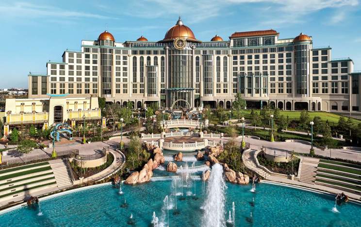 The park-facing exterior of Universal Helios Grand Hotel, a Loews Hotel, seen from inside Universal Epic Universe in Orlando