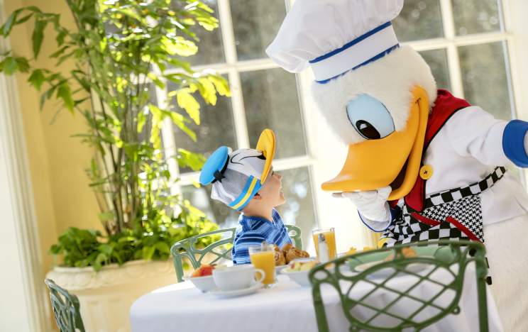 Donald Duck interacting with a young boy during a character dining experience at Walt Disney World Resort.