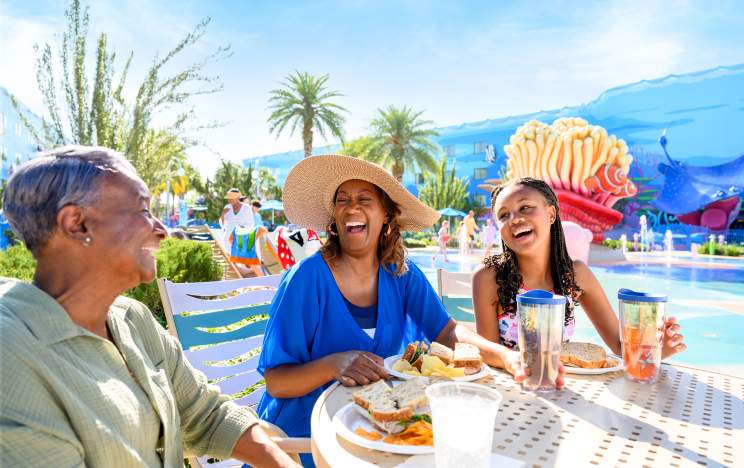 Guests enjoying a meal at the poolside bar of a Disney resort at Walt Disney World Resort.