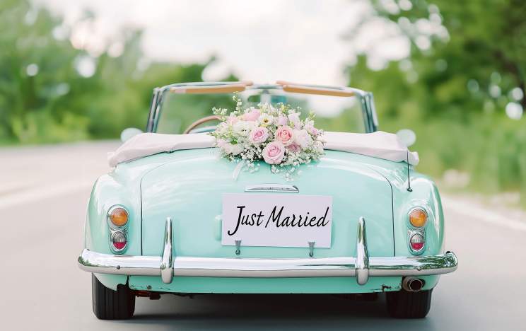 convertible car with just married sign