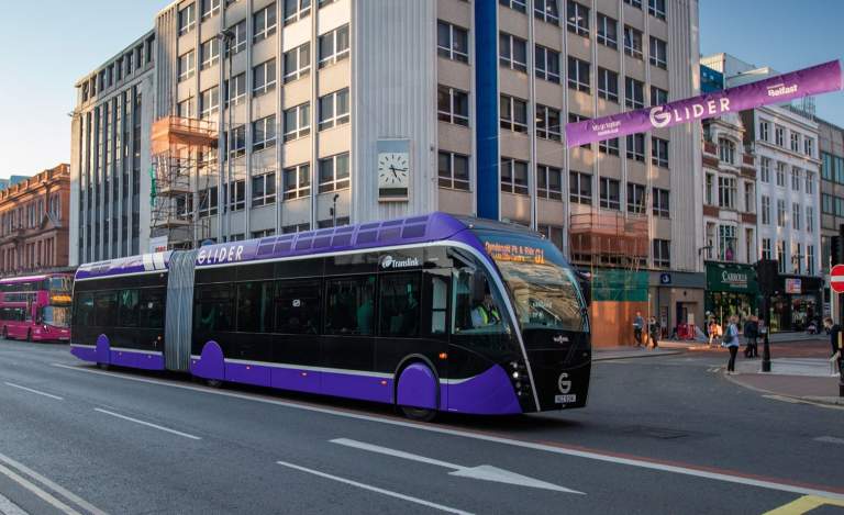 Image of the glider going through Belfast city centre.
