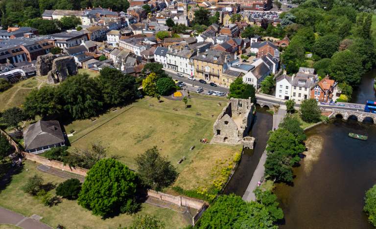 Drone shot of Christchurch Castle Street, showing an aerial view of the Norman House