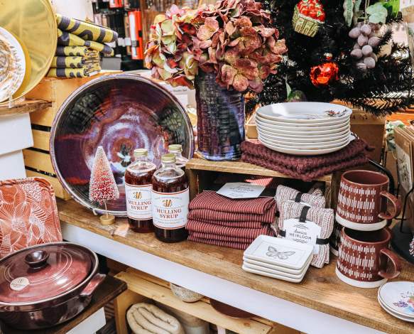 A display of holiday-themed kitchen and food items at Goods for Cooks