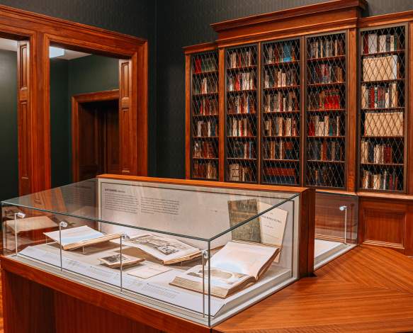 Displays of cultural artifacts at Lilly Library