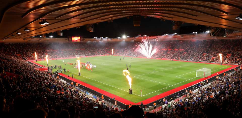 St Marys Football Stadium view from seats with fireworks on pitch