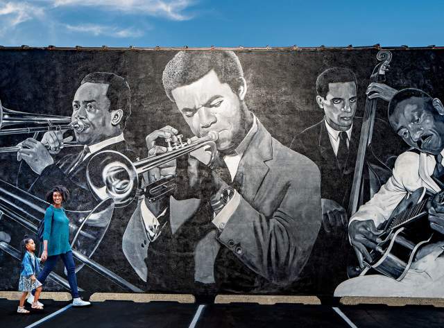The Indiana Avenue Jazz Masters mural by Pamela Bliss pays tribute to the city's rich jazz history
