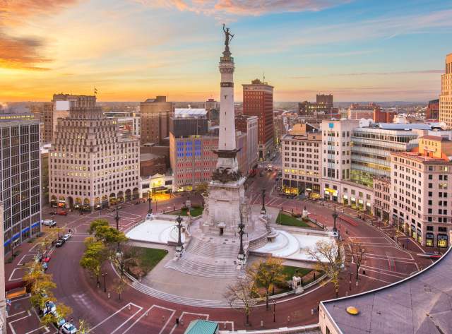 Monument Circle, home to the Soldiers and Sailors Monument, sits at the heart of downtown Indy.