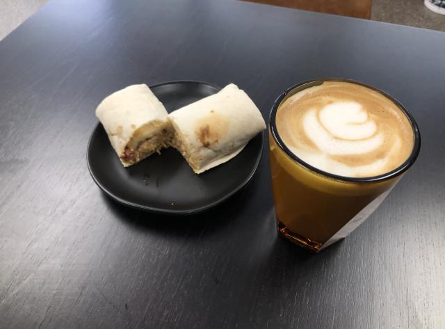 Vanilla Lavender Latte with Bacon Breakfast Burrito