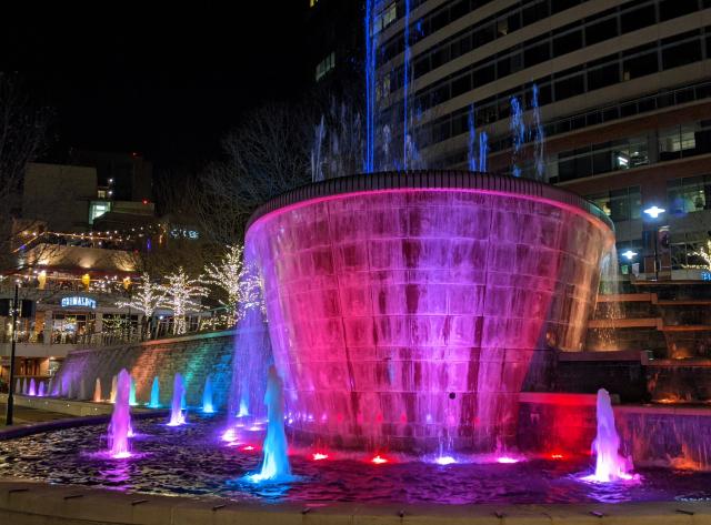 Fountains at Waterway Square at Night