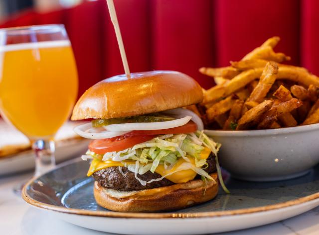 Cheeseburger, Fries, and Draft Beer