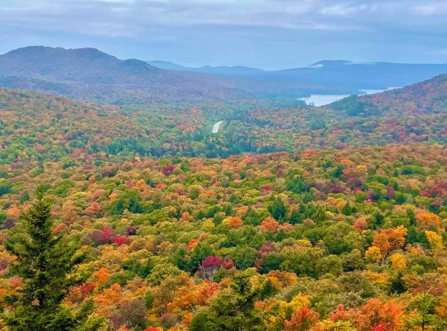 View of colorful fall foliage in the Adirondacks from Coney Mountain in Tupper Lake