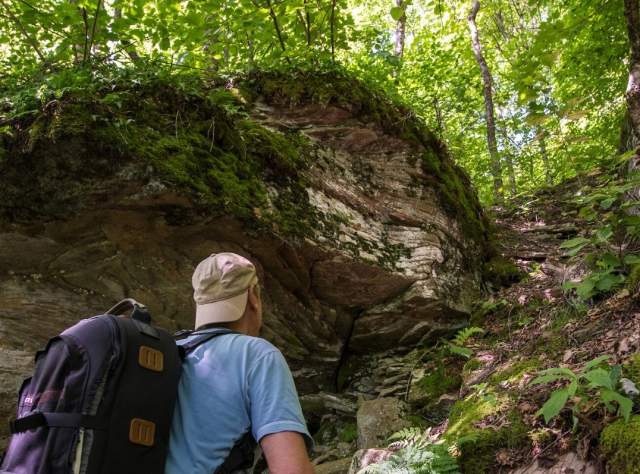 A man hiking to Cabot Pond Lookout from Little Pond Campground
