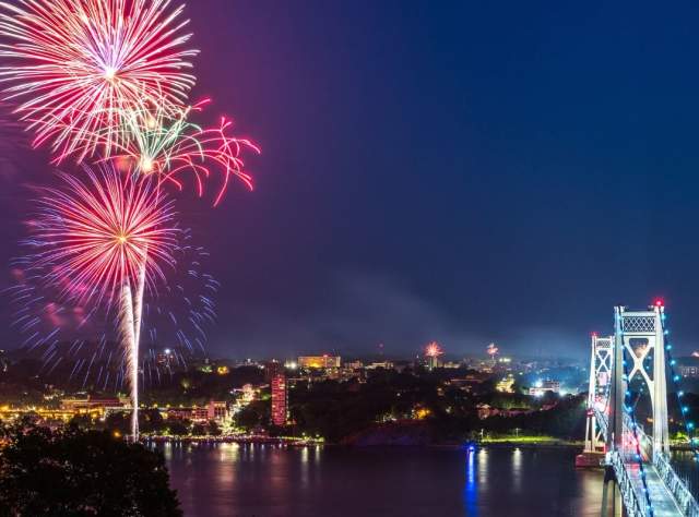 A photo of Independence Day fireworks between Mid Hudson Bridge and Walkway over the Hudson