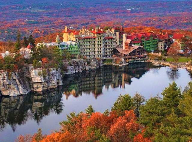 Trees show off their vibrant fall hues surrounding Mohonk Mountain House