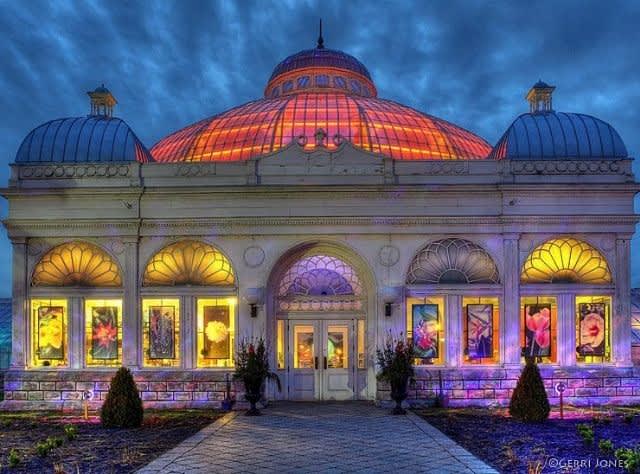 Buffalo and Erie County Botanical Gardens building lit up at night