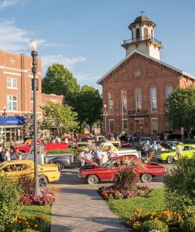 Colorful old Cars parked in Downtown Angola in Steuben County