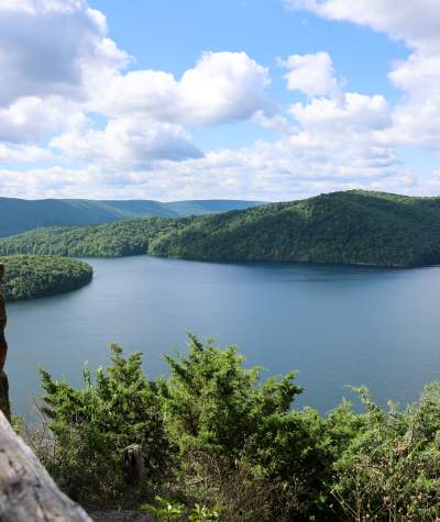 A sunny day view of Raystown Lake from Hawn's Overlook