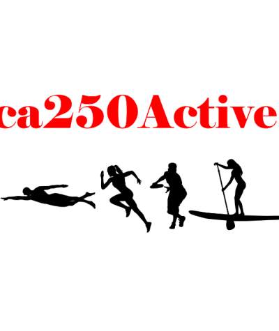 #America250ActiveChallenge logo with a rock climber, swimmer, runner, disc golfer, paddleboarder, hiker, biker, golfer and bowler