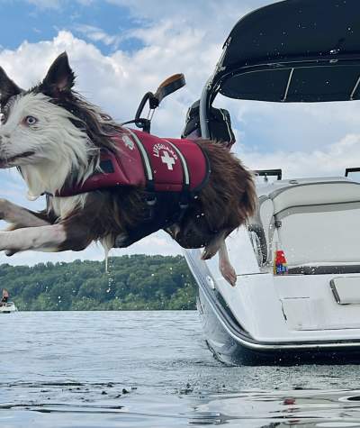 a long haired in a life jacket jumping into the water from the boat