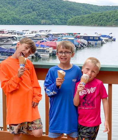 a trio of young boys enjoying ice cream at the Lake Raystown Resort Marina