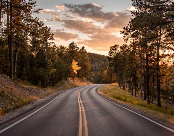 scenic road curving through the hills with sunset sky in the black hills of south dakota