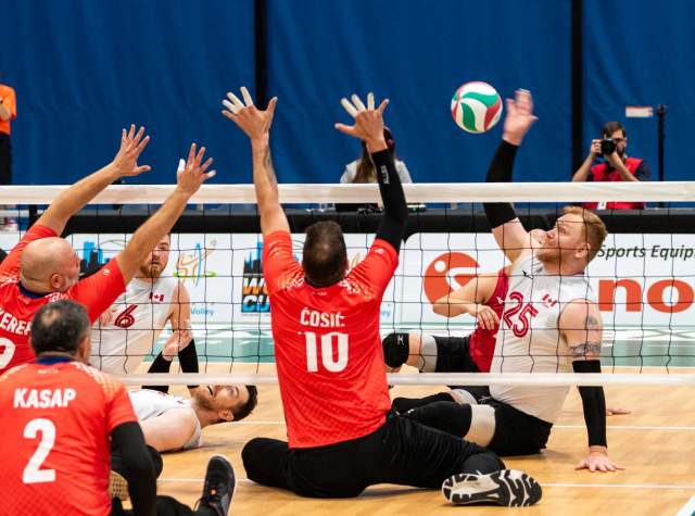 Teams compete at the World ParaVolley Sitting Volleyball championship games at Turnstone in Fort Wayne, Indiana