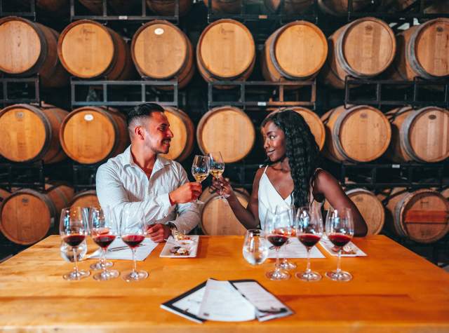 Couple toasting wine glasses on a date night