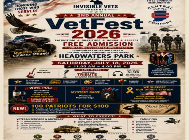 Invisible Vets Announces VetFest 2026 at Headwaters Park Saturday, July 18, 2026, from 11 a.m. to 4 p.m. at Headwaters Park in downtown Fort Wayne.