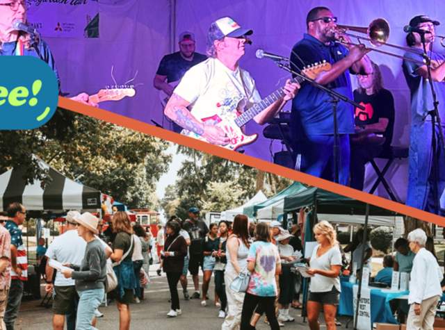 Photo of live band performing at West Central ArtsFest, along with a row of artists booths and people shopping.
