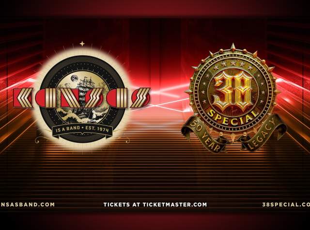 Promotion image of Kansas and 38 Special concert on July 10 at Foellinger Theatre