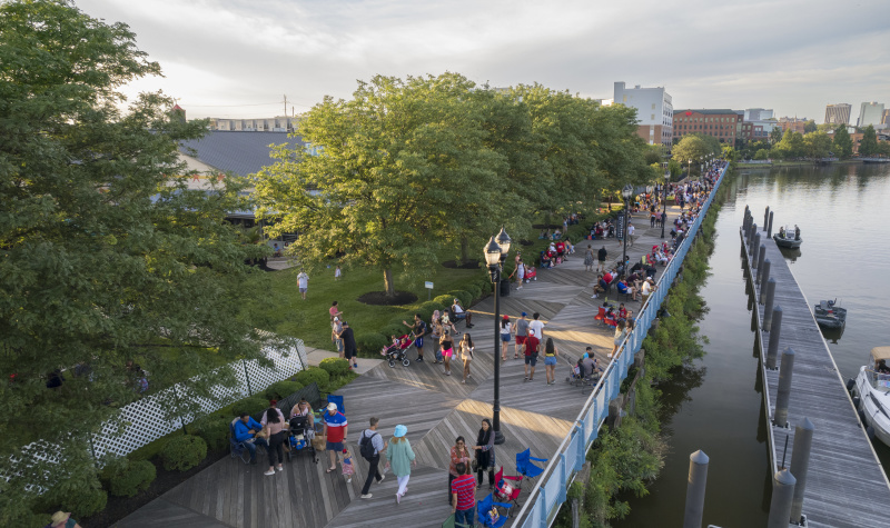 Riverfront Wilmington, aerial view of the riverwalk